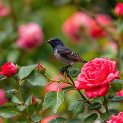 The primary subject of the image is a small bird perched on a pink rose. The bird is sitting on a branch with the rose in the foreground. The setting is a garden with a variety of pink flowers surrounding the bird. The visual style is a close-up of the bird on the rose, capturing the details of the bird and the flower. The colors and mood of the image are predominantly pink, creating a warm and inviting atmosphere.